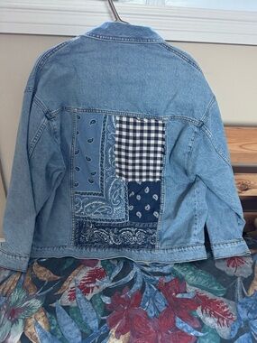Zara Patchwork Back Denim Jacket - Blue Bandana & Gingham Detail